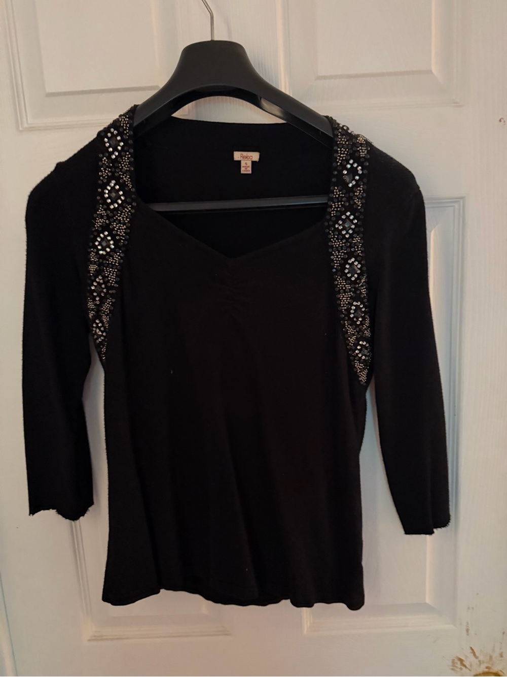 Reba Black Embellished V-Neck Top Rhinestone Beaded Long Sleeve Small
